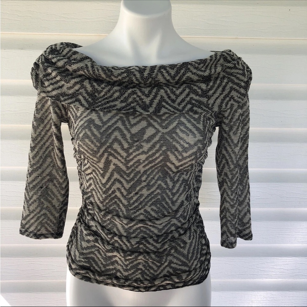 ST JOHN Black & Beige Knit Print Off Shoulder Sheer Ruched Top Size M EUC